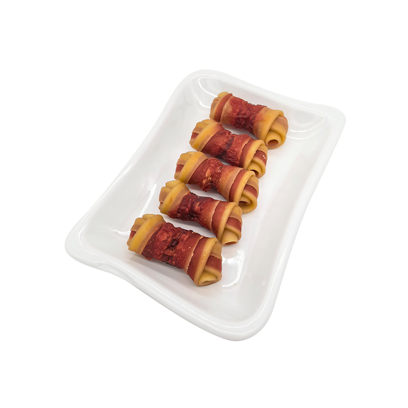 Friandises pour chiens en os noué enveloppé de canard bicolore, friandises dentaires pour l'élimination de la plaque et du tartre 2,5 à 3 pouces.