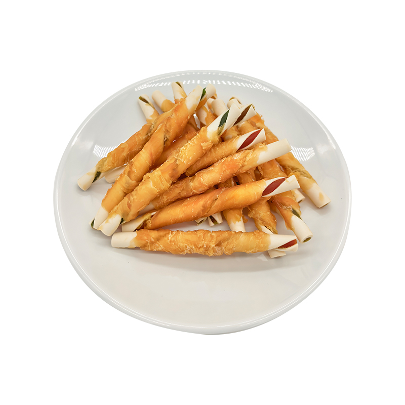 Rouleaux de poulet enveloppés d'amidon bicolore – Gâteries à mâcher pour chiens de longue durée