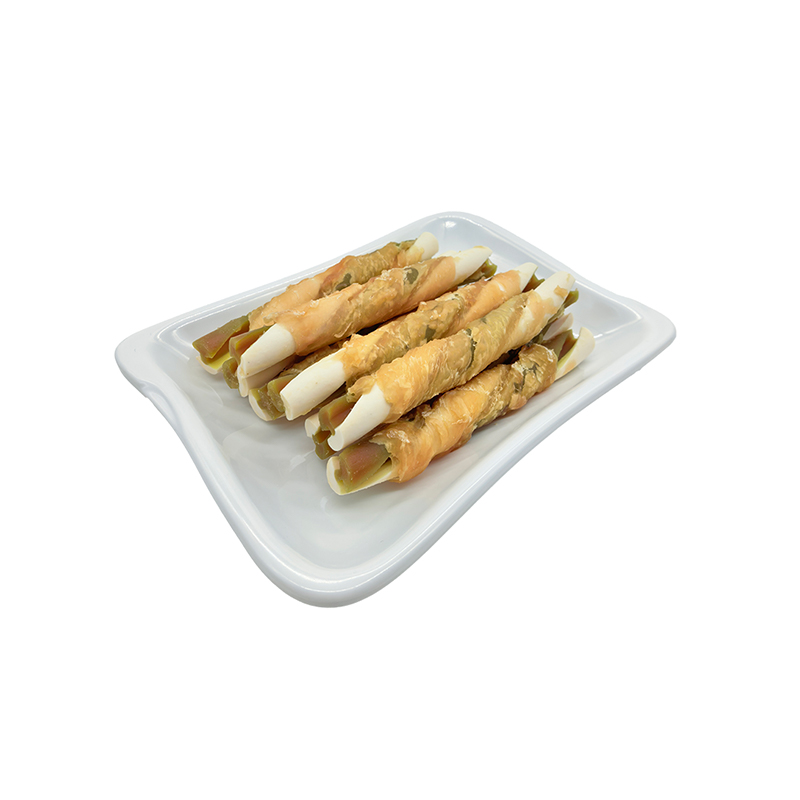Bâtonnets torsadés bicolores en forme de papillon enveloppés de poulet – Friandises à mâcher longue durée pour chien (12-12,5 cm)