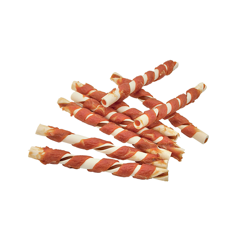 Bâton à mâcher torsadé enveloppé de bandes de canard bicolores – Friandises à mâcher pour chien de longue durée (12-12,5 cm)