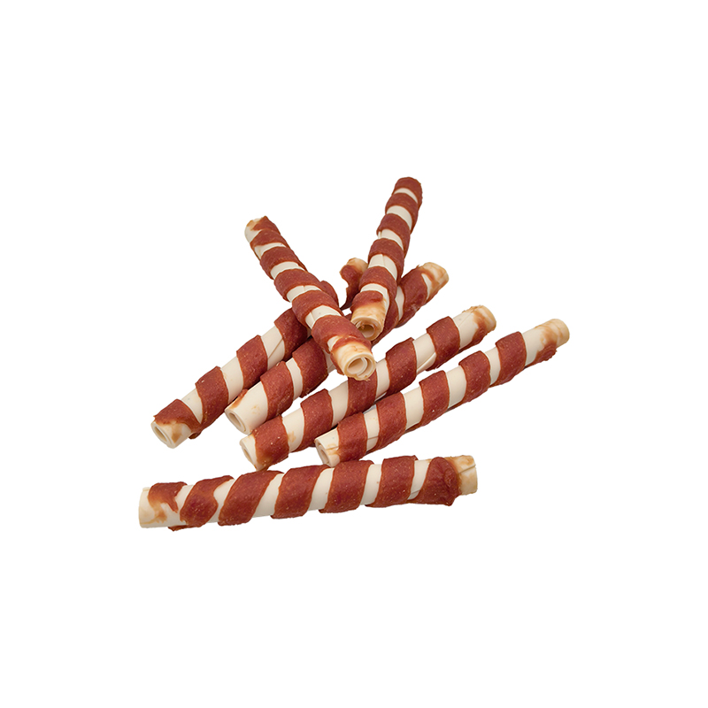 Bâton à mâcher creux torsadé enveloppé de bandes de canard unicolores – Friandises à mâcher pour chien de longue durée (12-12,5 cm)