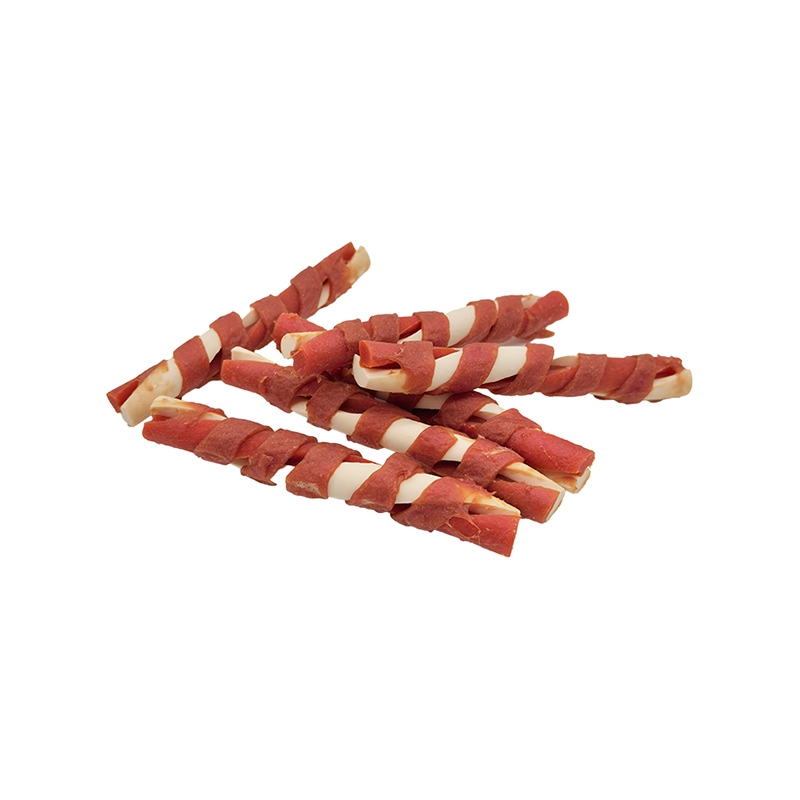 Bâton à mâcher torsadé en forme de papillon enveloppé de bandes de canard bicolores – Friandises à mâcher pour chien de longue durée (12-12,5 cm)