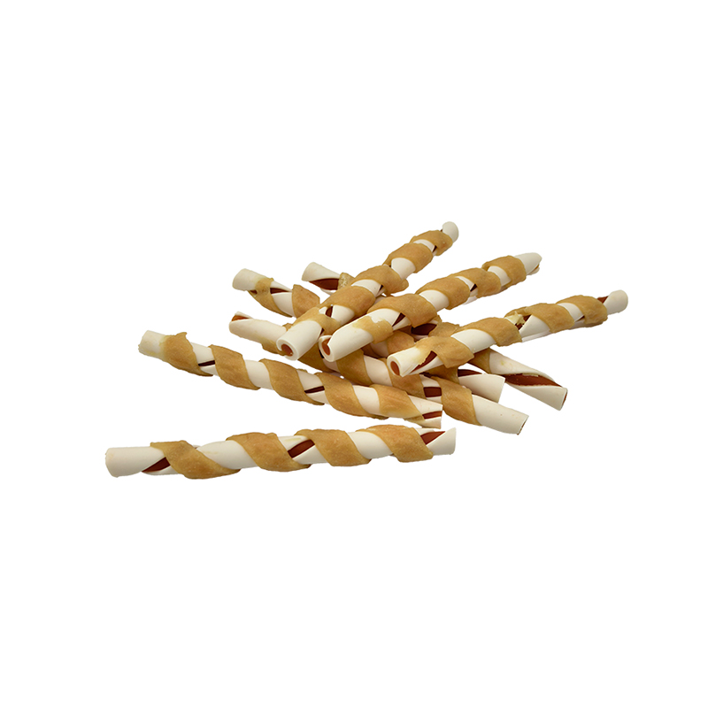 Bâton à mâcher torsadé enveloppé de bandes de poulet bicolores – Friandises à mâcher pour chien de longue durée (12-12,5 cm)
