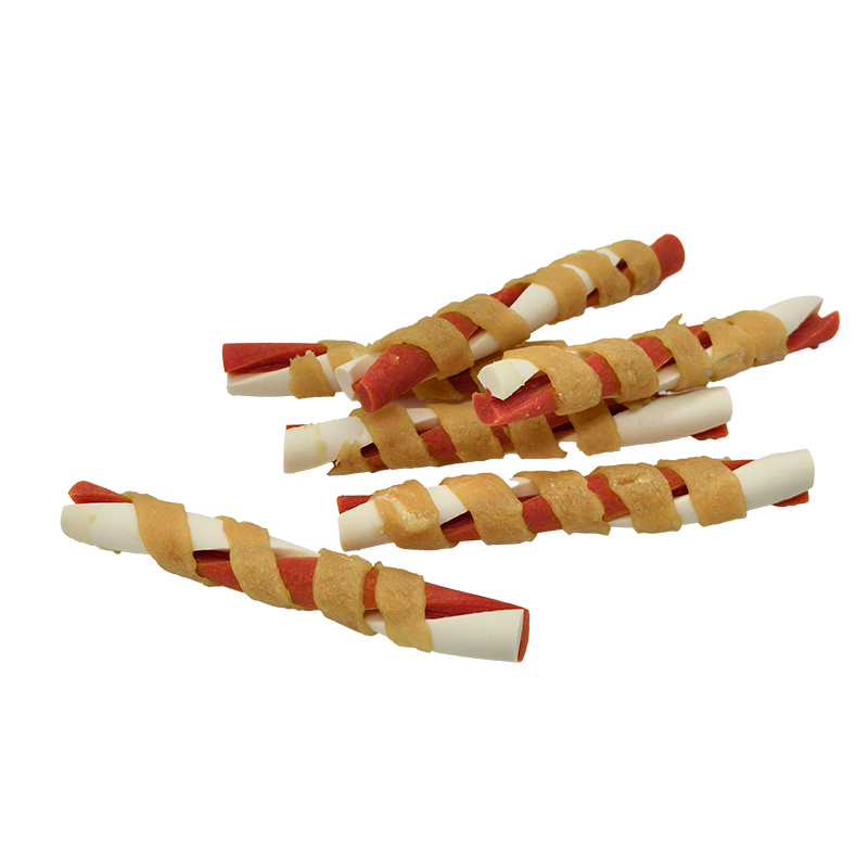 Bâton à mâcher torsadé en forme de papillon enveloppé de bandes de poulet bicolores – Friandises à mâcher pour chien de longue durée (12-12,5 cm)