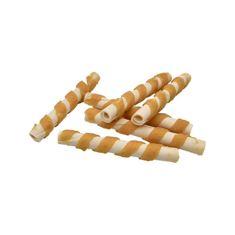 Bâton à mâcher creux torsadé enveloppé de bandes de poulet unicolores – Friandises à mâcher pour chien de longue durée (12-12,5 cm)