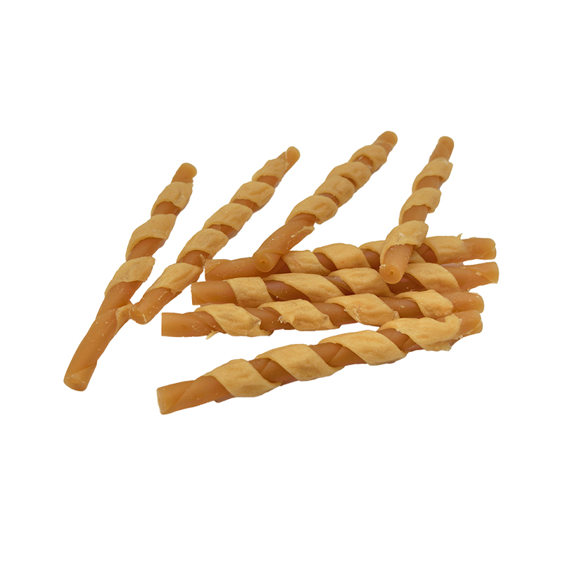 Bâton à mâcher torsadé enveloppé de bandes de poulet unicolores – Friandises à mâcher pour chien de longue durée (12-12,5 cm)