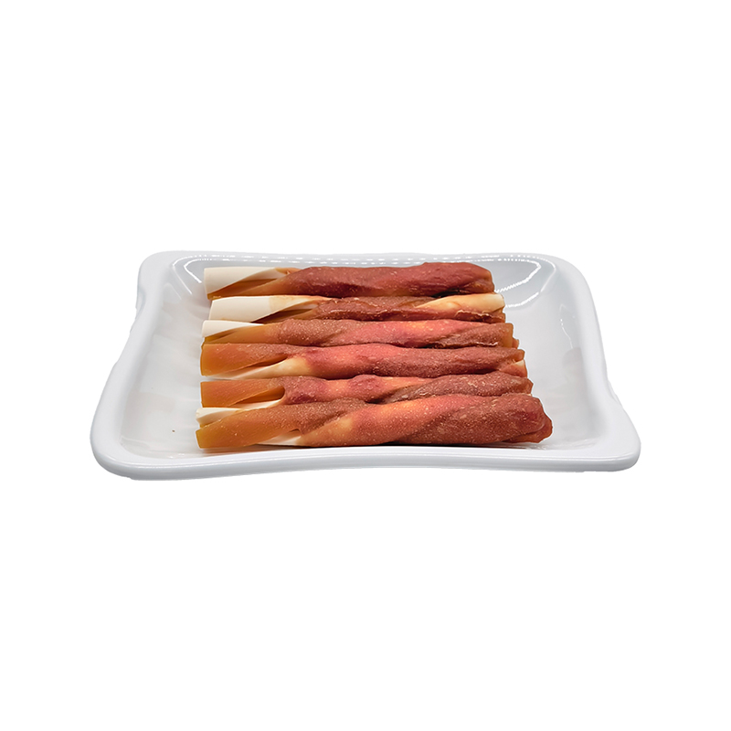 Bâton de friandises roulé pour chien en forme de papillon, pâte de canard bicolore